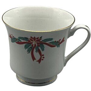 Poinsettia Ribbons Christmas tea cup white gold trim red flower ribbon READ